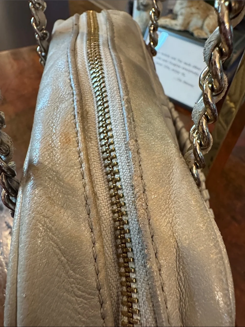 Tory Burch Quilted Leather Crossbody Bag in Light Gray with Gold Chain